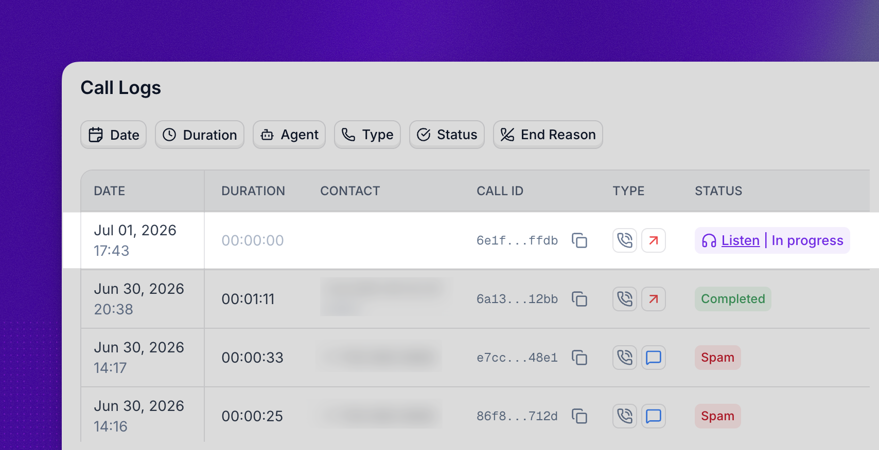 Live Call Monitoring interface for listening to an in-progress Synthflow call.