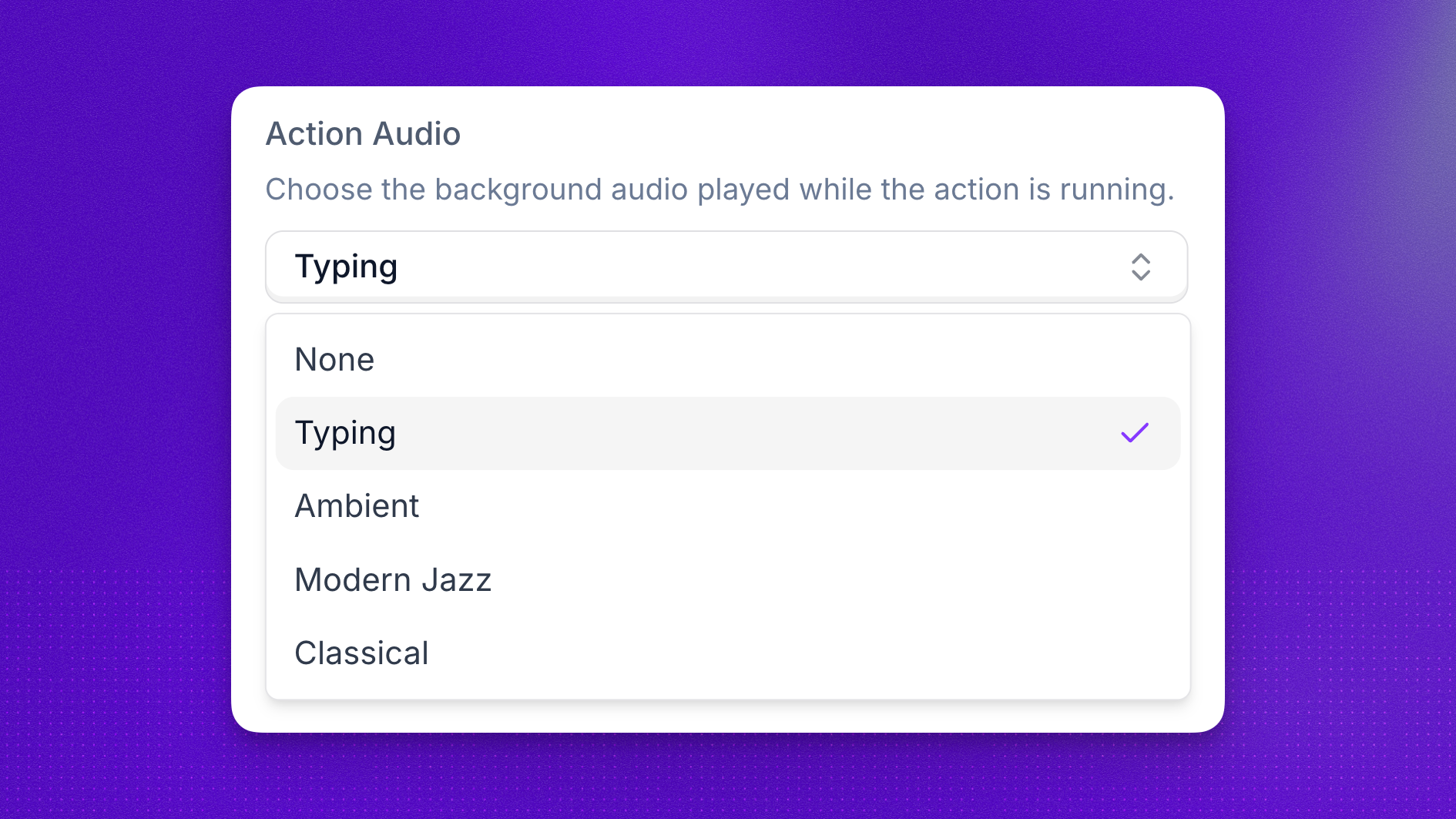 Background audio playing while a custom action or MCP tool runs.