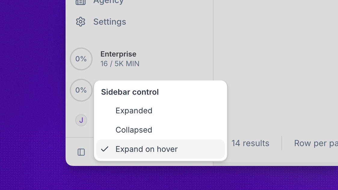 Synthflow sidebar control with expanded, collapsed, and expand-on-hover options.