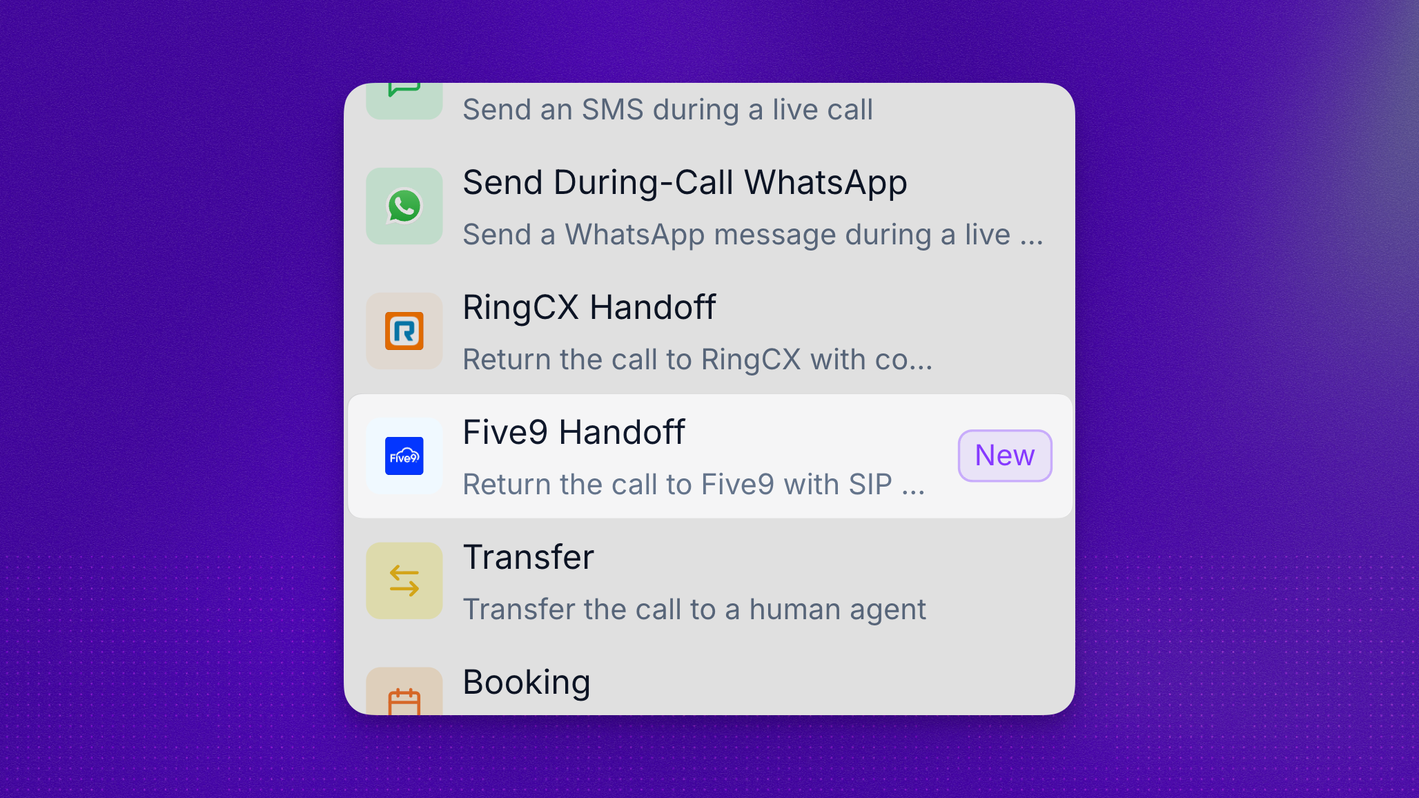 Five9 Handoff connecting Synthflow with a Five9 contact center workflow.